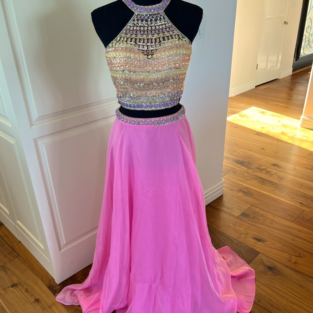 PROM! 2 PIECE DESIGNER PROM DRESS GORGEOUS BEADED TOP&LONG SKIRT W/TRAIN SZ-4 💗